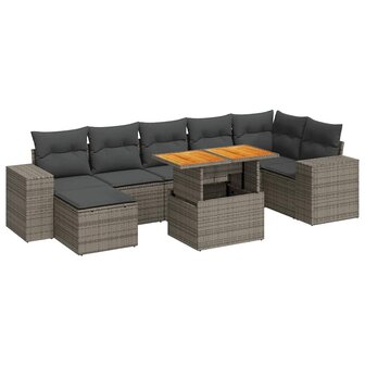 8-delige Loungeset met kussens poly rattan grijs