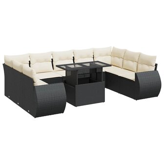 10-delige Loungeset met kussens poly rattan zwart