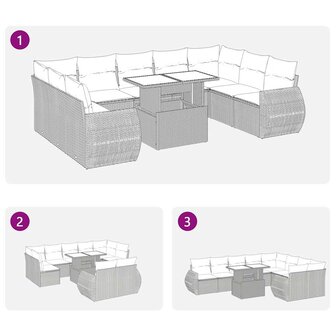 10-delige Loungeset met kussens poly rattan zwart