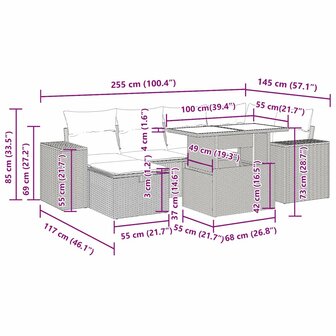 8-delige Loungeset met kussens poly rattan zwart