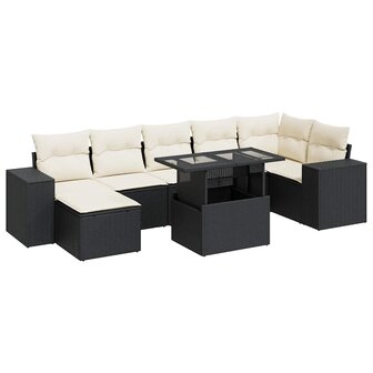 8-delige Loungeset met kussens poly rattan zwart