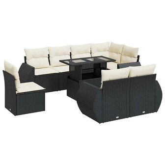 9-delige Loungeset met kussens poly rattan zwart