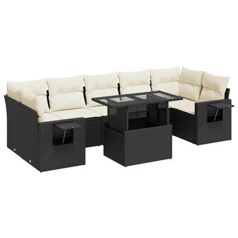 8-delige Loungeset met kussens poly rattan zwart