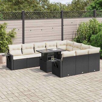 11-delige Loungeset met kussens poly rattan zwart