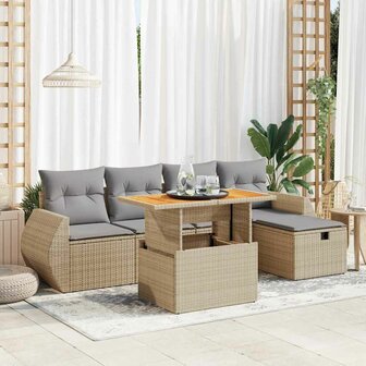 6-delige Loungeset met kussens poly rattan acacia beige