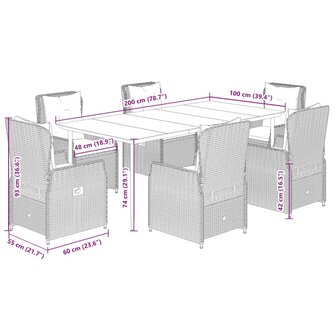 7-delige Tuinset met kussens poly rattan beige