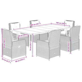 7-delige Tuinset met kussens poly rattan grijs