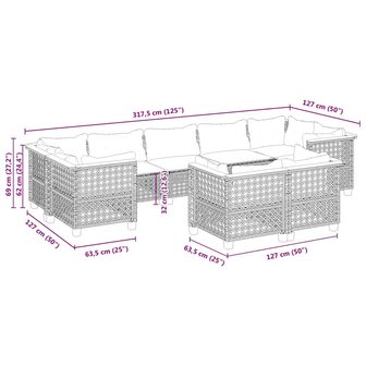9-delige Loungeset met kussens poly rattan beige
