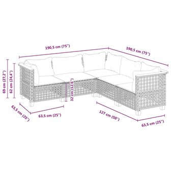 5-delige Loungeset met kussens poly rattan beige