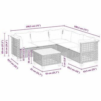 6-delige Loungeset met kussens poly rattan beige
