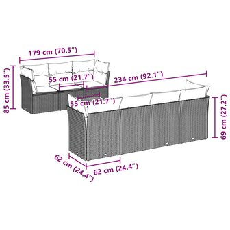 8-delige Loungeset met kussens poly rattan grijs