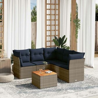 6-delige Loungeset met kussens poly rattan grijs