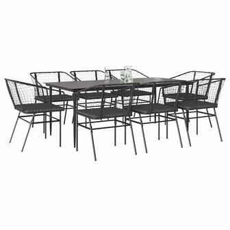 9-delige Tuinset met kussens poly rattan glas zwart