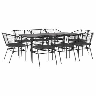 9-delige Tuinset met kussens poly rattan glas zwart