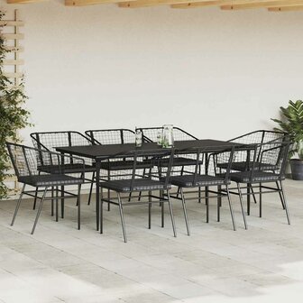 9-delige Tuinset met kussens poly rattan glas zwart
