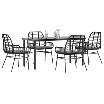 5-delige Tuinset met kussens poly rattan glas zwart