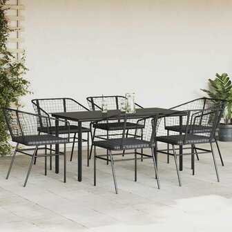 7-delige Tuinset met kussens poly rattan glas zwart