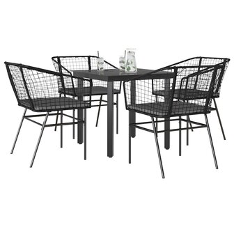 5-delige Tuinset met kussens poly rattan glas zwart