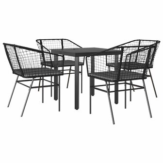 5-delige Tuinset met kussens poly rattan glas zwart