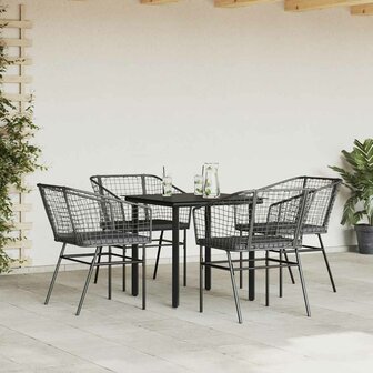 5-delige Tuinset met kussens poly rattan glas zwart