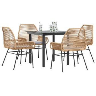 5-delige Tuinset met kussens poly rattan glas bruin