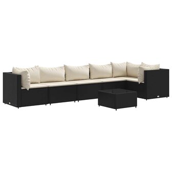 7-delige Loungeset met kussens poly rattan zwart