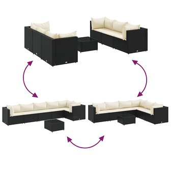 7-delige Loungeset met kussens poly rattan zwart
