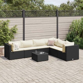 7-delige Loungeset met kussens poly rattan zwart