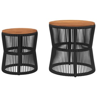Tuinbijzettafels 2 st met houten blad poly rattan zwart