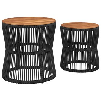 Tuinbijzettafels 2 st met houten blad poly rattan zwart