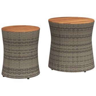 Tuinbijzettafels 2 st met houten blad poly rattan grijs