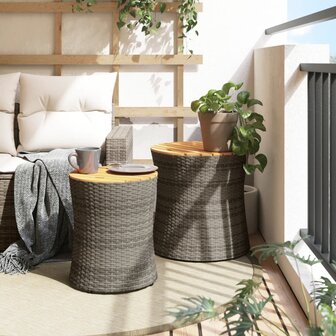 Tuinbijzettafels 2 st met houten blad poly rattan grijs