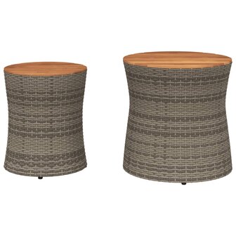 Tuinbijzettafels 2 st met houten blad poly rattan grijs