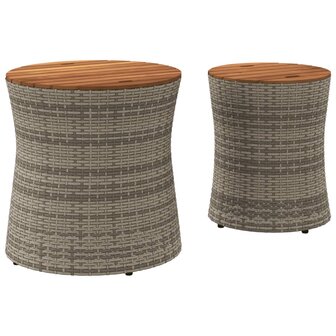 Tuinbijzettafels 2 st met houten blad poly rattan grijs
