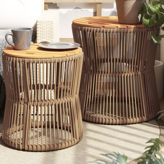 Tuinbijzettafels 2 st met houten blad poly rattan beige