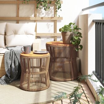 Tuinbijzettafels 2 st met houten blad poly rattan beige