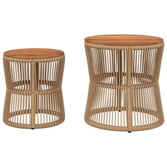 Tuinbijzettafels 2 st met houten blad poly rattan beige