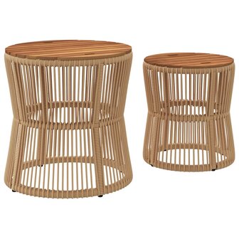 Tuinbijzettafels 2 st met houten blad poly rattan beige