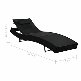 Ligbed met kussen poly rattan zwart