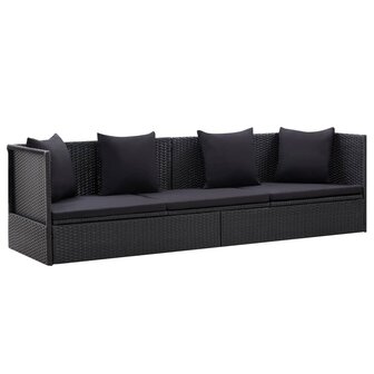 Tuinbed met kussens poly rattan zwart