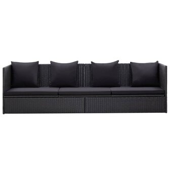 Tuinbed met kussens poly rattan zwart