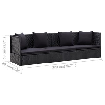 Tuinbed met kussens poly rattan zwart