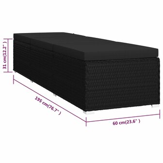 Ligbed met kussen poly rattan zwart