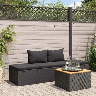 Ligbed met kussens poly rattan zwart