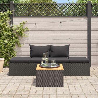 Ligbed met kussens poly rattan zwart