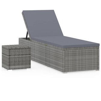 Ligbed met kussen en theetafel poly rattan grijs