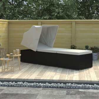 Ligbed met luifel en kussen poly rattan cr&egrave;mewit