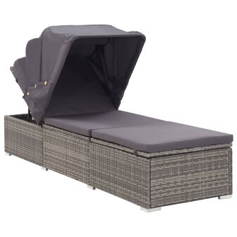 Ligbed met luifel en kussen poly rattan grijs