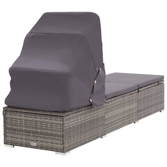 Ligbed met luifel en kussen poly rattan grijs