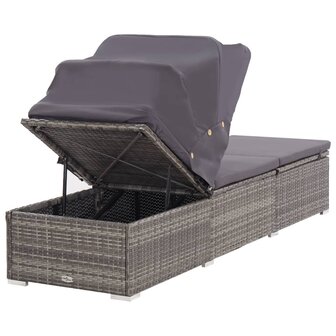 Ligbed met luifel en kussen poly rattan grijs
